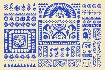 Blue and white decorative elements arranged in a repeating pattern design