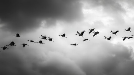 Fototapeta premium Flock of cranes flying in V-formation against a cloudy black and white sky, symbolizing migration and natural beauty and freedom, suitable for travel or nature concept.