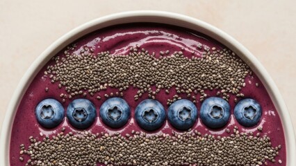 Overhead flat lay of a purple smoothie bowl with chia seeds and fresh blueberries. Healthy breakfast or snack concept
