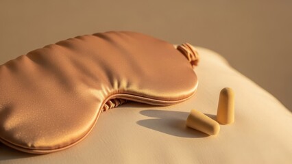 Peach satin sleep mask and foam earplugs for rest. Comfort and noise reduction essentials for sleep and travel