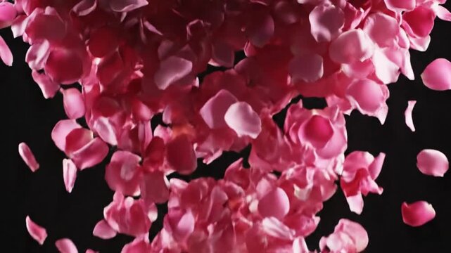 Vibrant pink rose petals falling against a dark background