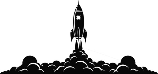 Retro rocket launch vector illustration with smoke clouds, vintage spacecraft takeoff icon, blast off space mission symbol, isolated black silhouette on white background © Abida