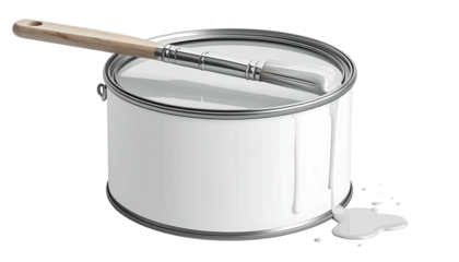 A white paint can with a paintbrush resting on the lid, paint drips and a small puddle