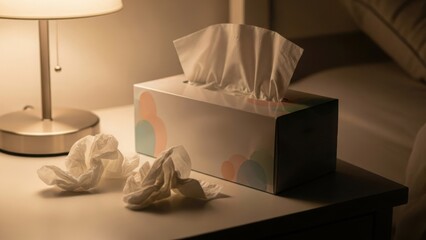 Tissue box and crumpled tissues on a nightstand. Warm light from a bedside lamp in a bedroom. Concept of illness, cold, flu, or allergies