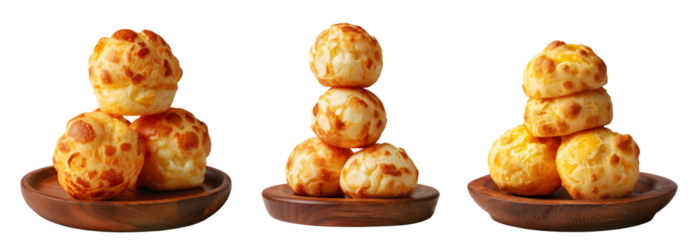 Stack of Brazilian cheesy bread balls with golden crust and holes, isolated on white background, concept of Pao de Queijo food
