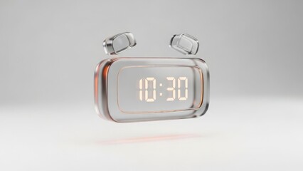 Modern transparent digital alarm clock displaying 10:30. Glass object with glowing numbers on a studio background. Time concept with copy space