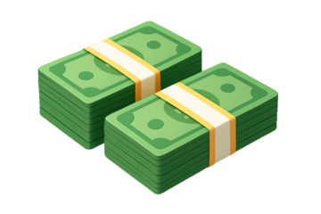 Two stacks of green paper dollar banknotes with yellow bands representing wealth and finance concepts 3d rendering illustration isolated on transparent background