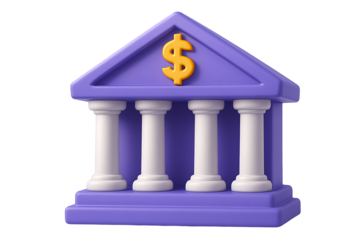 Purple bank building icon with golden dollar sign currency symbol for financial architecture and economy concept isolated on transparent background