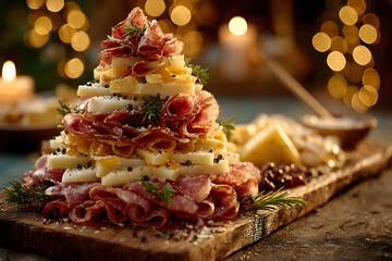 Party charcuterie board italian food antipasti prosciutto ham, salami and cheese appetizers served in the shape of a Christmas tree. party food for New Year's Eve, Christmas or birthday