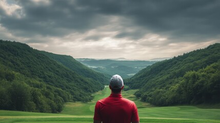 Man in a red shirt and cap looking at a beautiful golf course surrounded by green hills under a cloudy sky. Sports, nature and relaxation concept.