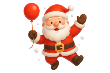 Cheerful santa claus character holding red balloon jumping for joy merry christmas and new year holiday concept isolated on transparent background