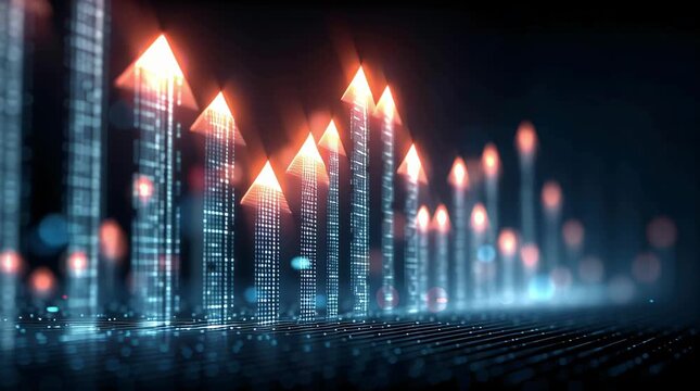 On a dark background, a series of upward-pointing arrows. Business growth, digital transformation, innovation, success, and improved performance.