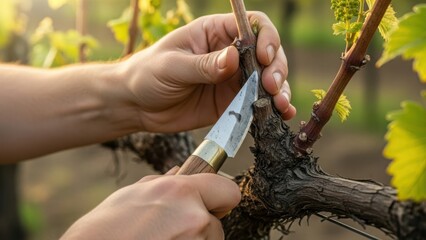 Farmer pruning a grapevine with a traditional knife in a vineyard. Close-up of hands working on a vine during spring. Viticulture and winemaking concept
