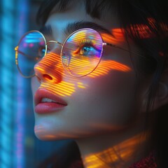 Woman wearing glasses and rays of light on her face