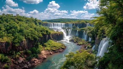 Powerful waterfall landscape with lush green forest and rocky cliffs under a blue sky, concept of natural beauty and environmental preservation