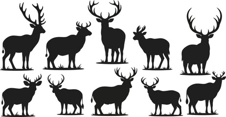 Fototapeta premium wild animals silhouette group, mammals in standing poses on white background