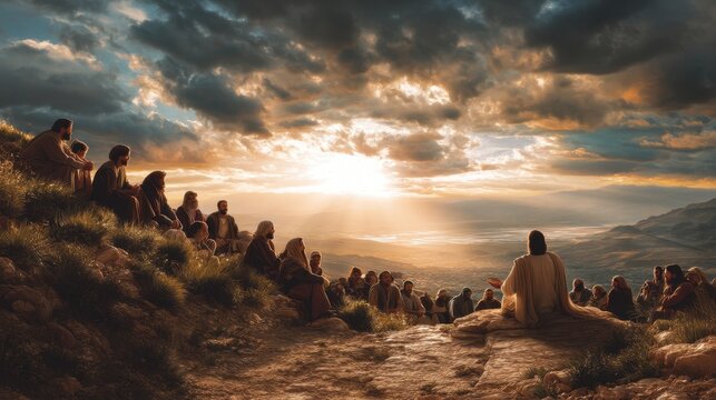 Man teaching a crowd of people on a rocky hill at sunset. Religious sermon or parable illustration. Biblical concept for Easter.