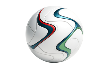 Realistic soccer ball with modern red blue and green design elements for sports tournament advertising isolated on transparent background