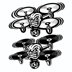 Angry Character Drone Quadcopter with Camera. Monochrome Vector Illustration.