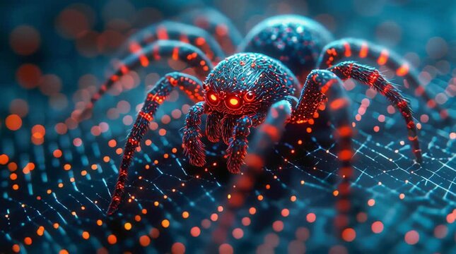 Close-up of a spider against the background of an abstract electronic circuit board with flickering lights. The theme of cybersecurity, computer viruses, malware, and digital threats.	