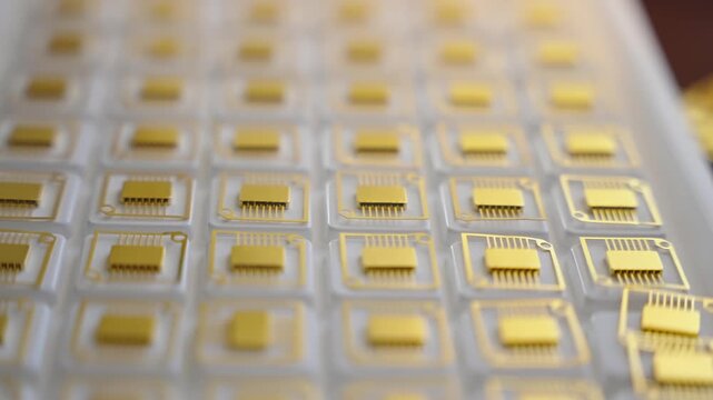 Macro view of gold-plated microchip packages arranged in neat rows on a plastic tray, highlighting precision semiconductor components, integrated circuit packaging, and electronics manufacturing