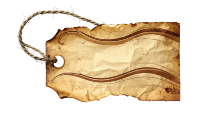 Aged, rectangular price tag with swirling design, rope string, and scorched edges