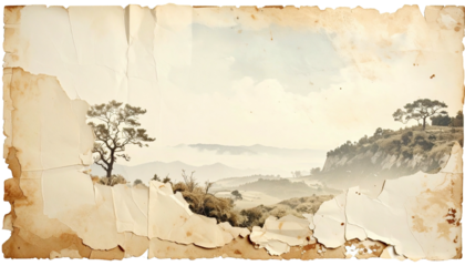 Aged photograph of a misty valley and rolling hills under a hazy sky, surrounded by torn paper