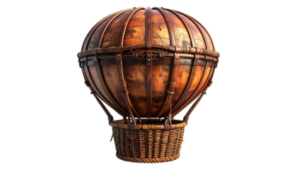 Aged, spherical, balloon with a woven basket beneath, set against a transparent backdrop