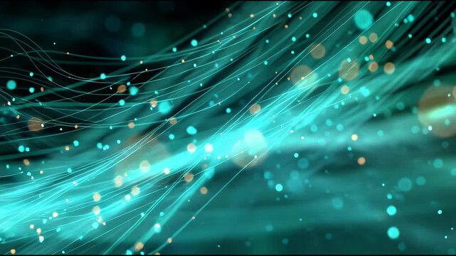 A futuristic abstract technology background featuring flowing digital elements, light particles, and dynamic data-inspired motion, suitable for modern tech visuals