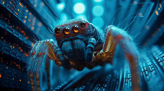 Close-up of a spider against the background of an abstract electronic circuit board with flickering lights. The theme of cybersecurity, computer viruses, malware, and digital threats.	