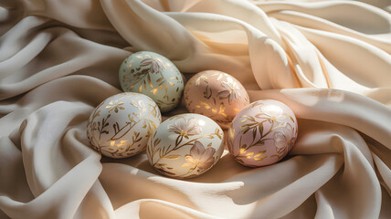 Happy easter sunday eggs on fabric background celebrating springtime and renewal