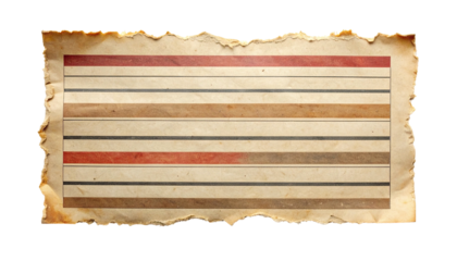 Aged, torn paper with colored stripes. Brown and tan hues. Burned edges. Black background