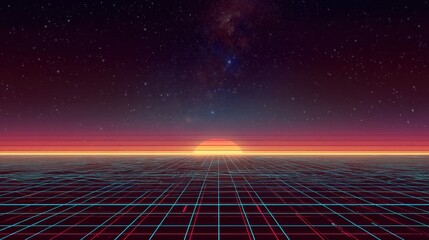 Retro futuristic background with glowing grid and sunset horizon. Synthwave style digital landscape for vaporwave aesthetic and 80s nostalgia.