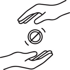 A minimalist line drawing showing two hands with a "prohibited" or "no" symbol between them, representing a rejected transaction, a forbidden exchange, or a stop to giving and receiving.