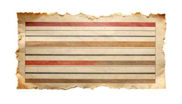 Aged, torn paper with colored stripes. Brown and tan hues. Burned edges. Black background - Powered by Adobe