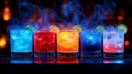On the bar counter, there are five glass glasses with brightly colored cocktails in a single row. Light smoke rises from the cocktails. The concept is of a party, nightlife, and a bar.
