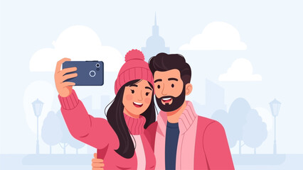 This modern flat design illustration depicts a couple happily taking a selfie, capturing a memorable moment of their Valentine's Day celebration. The artwork features a clean, contemporary style.