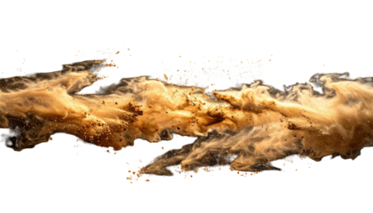 An abstract image featuring swirling dust or smoke in brown and tan hues on a black background