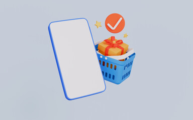 Mobile phone with a grocery basket and gift box, Online shopping 3d illustration