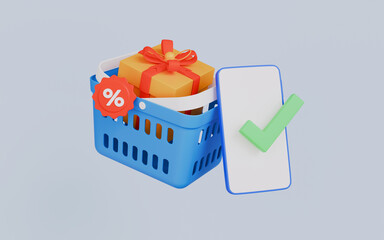 Mobile phone with a grocery basket and gift box, Online shopping 3d illustration
