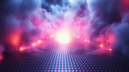 Dreamlike futuristic tunnel and glowing digital grid pathway in pink and blue smoke, vibrant lights and particles creating an immersive cyberspace scene of innovation and journey - Powered by Adobe