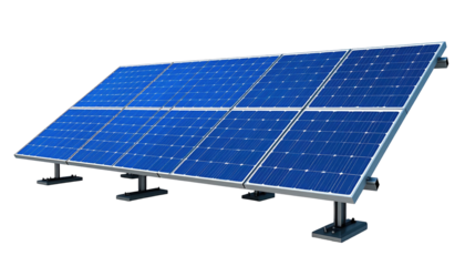 An array of photovoltaic panels, angled, with blue cells, against a transparent background
