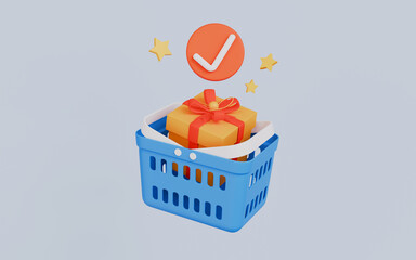 Grocery basket with a gift box 3d illustration