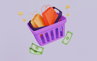 Shopping basket with shopping bags and money concept 3d illustration