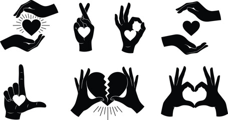 Black and white hand silhouettes forming hearts and gestures heart shapes love
