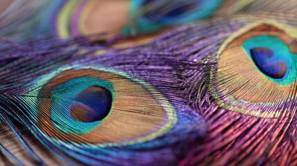 Close up view of iridescent peacock feather. Shiny vibrant bird plume with eye pattern for natural beauty and elegance concept.