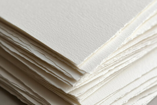 Close-up macro shot of a stack of textured, handmade paper sheets with deckled edges. A detailed view of a pile of rough, off-white paper, highlighting the fibrous texture and uneven, torn edges.