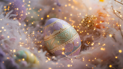 Happy easter sunday celebration with shimmering easter egg and glittering lights