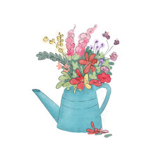 Watercolor turquoise watering can with flower bouquet on white background