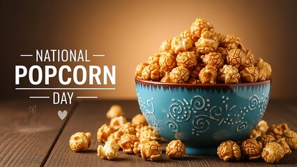 Celebrate national popcorn day with this decadent close-up featuring a bright blue ceramic bowl overflowing with freshly made caramel popcorn resting on a rustic wooden surface against a warm brown ba